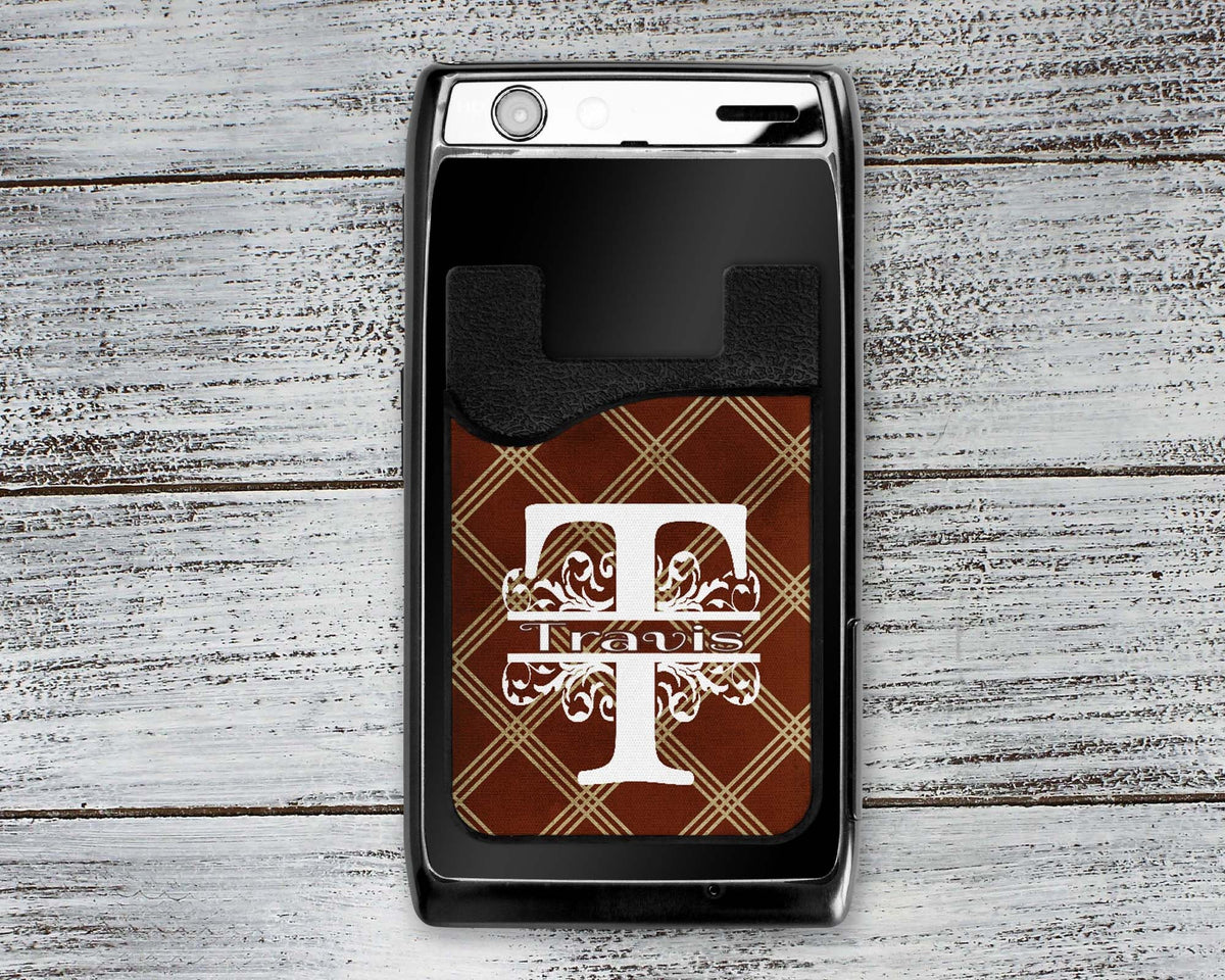 Personalized Cell Phone Caddy | Monogram Phone Wallet | Brown Argyle