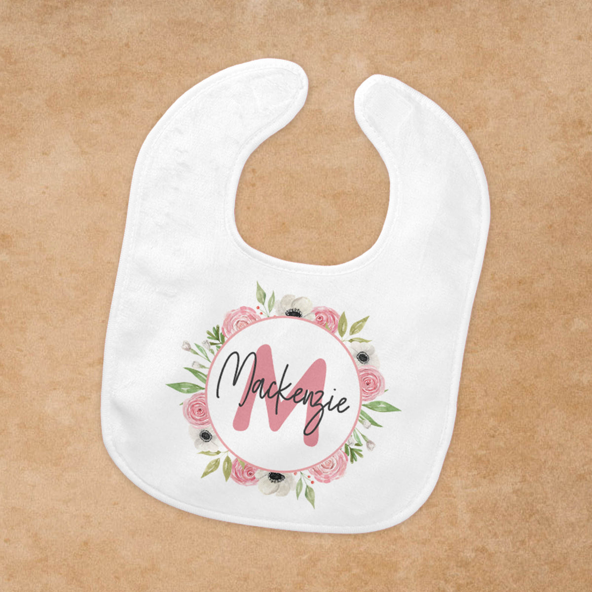 Personalized Baby Bib | Custom Baby Gifts | Baby Shower | Pink &amp; White Rose Monogram