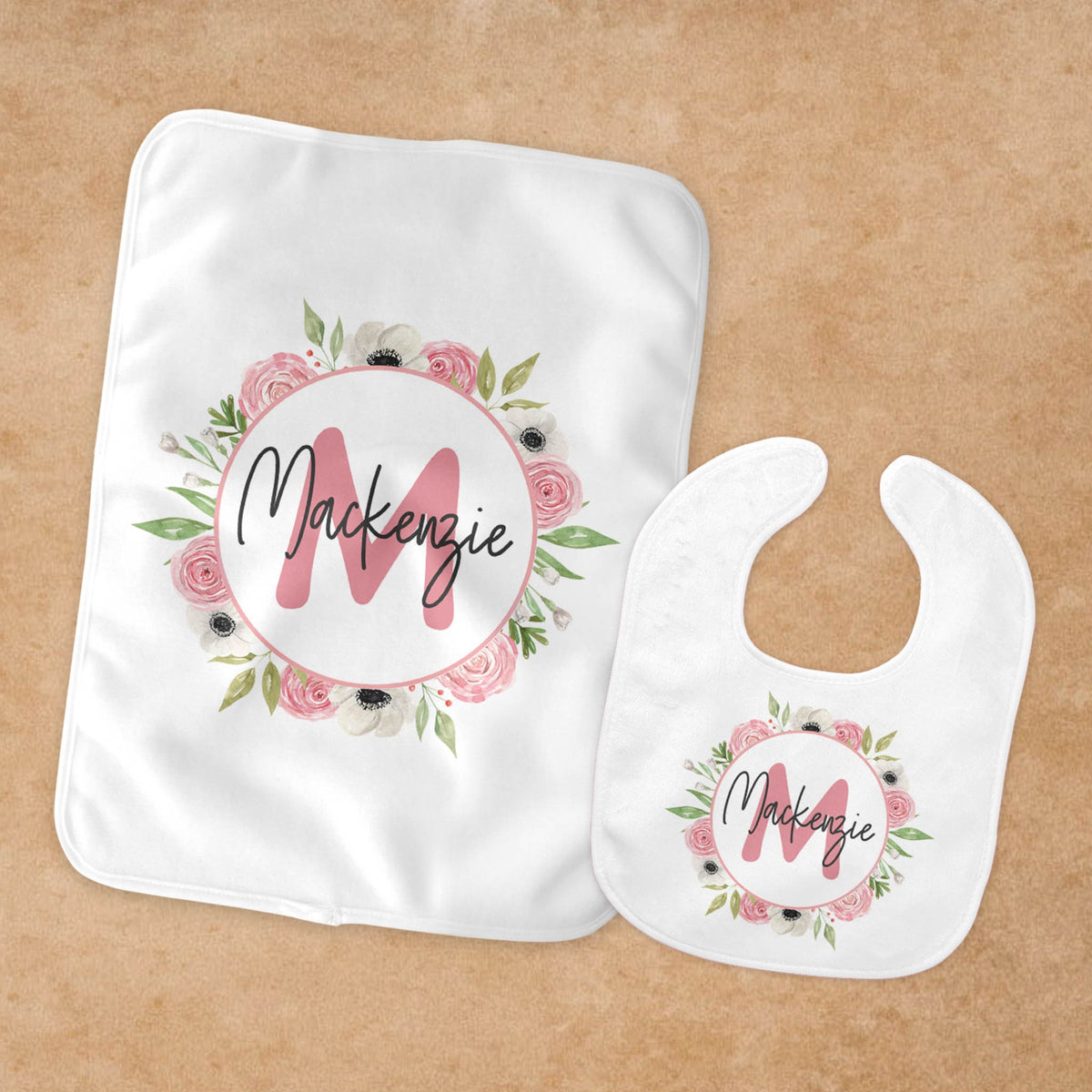 Personalized Baby Baby Bundle | Custom Baby Gifts | Baby Shower | Pink &amp; White Rose Monogram