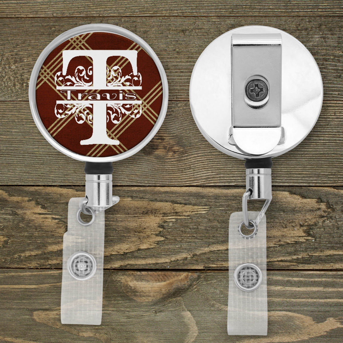 Customized Badge Reel | Personalized Office Accessories | Photo Badge Reel | Brown Argyle