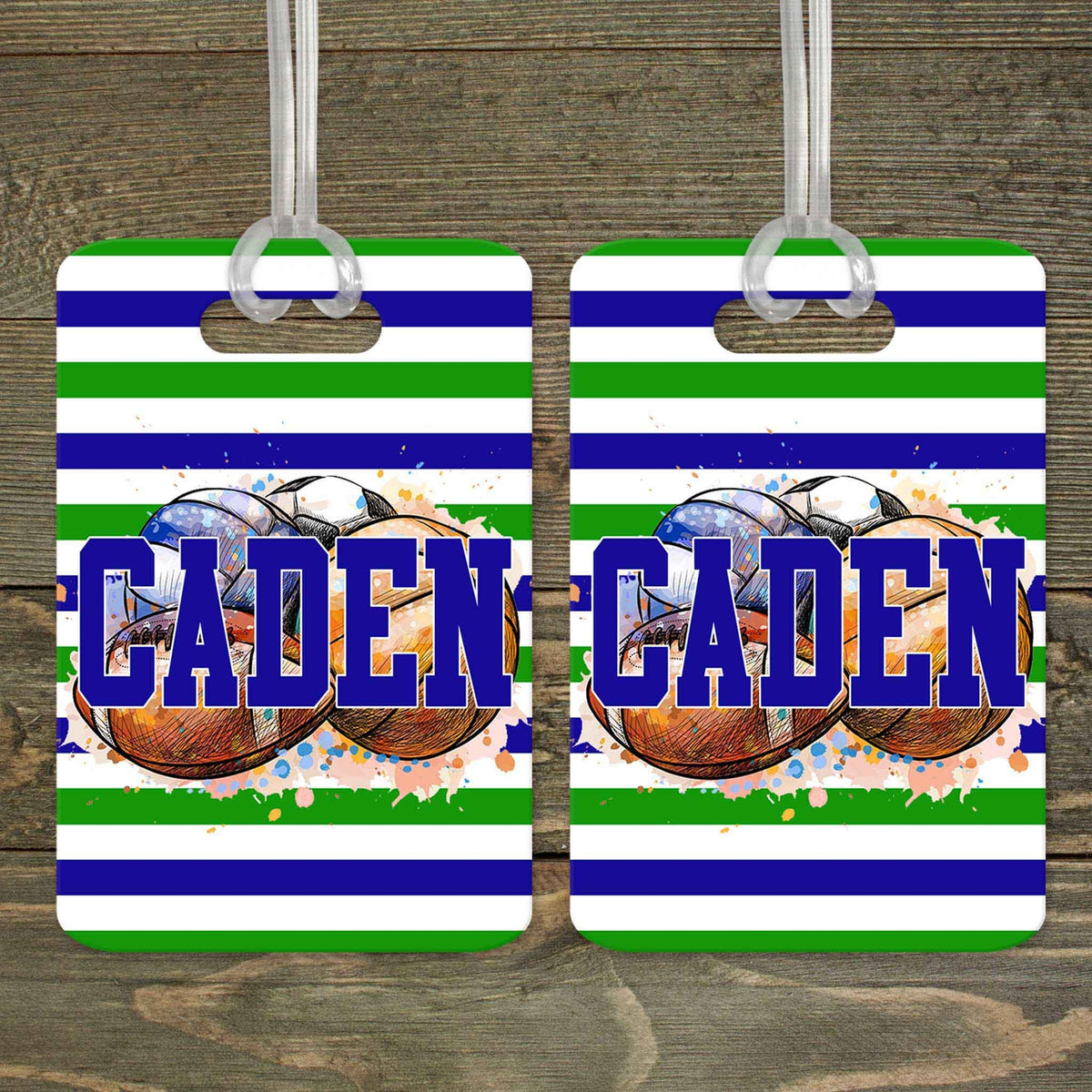 This &amp; That Solutions - Personalized Luggage Tag | Custom Monogram Bag Tag | Blue &amp; Green Striped Sports - Personalized Gifts &amp; Custom Home Decor