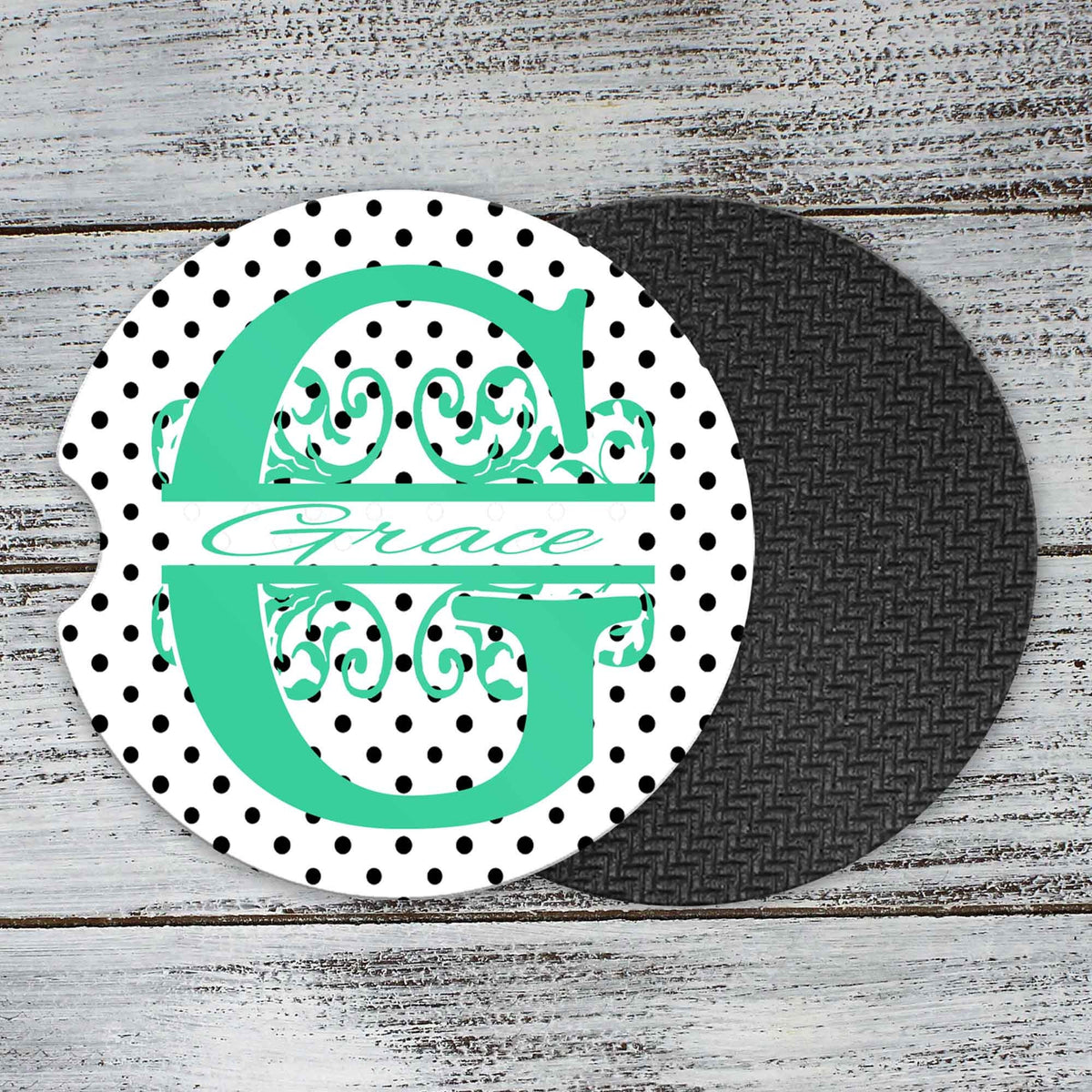 Personalized Car Coasters | Custom Car Accessories | Black Polka Dot | Set of 2