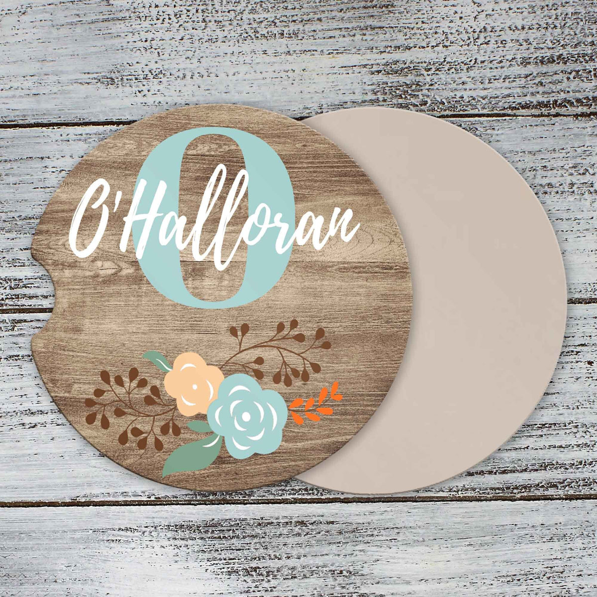 Personalized Car Coasters | Custom Car Accessories | Faux Wood Floral | Set of 2