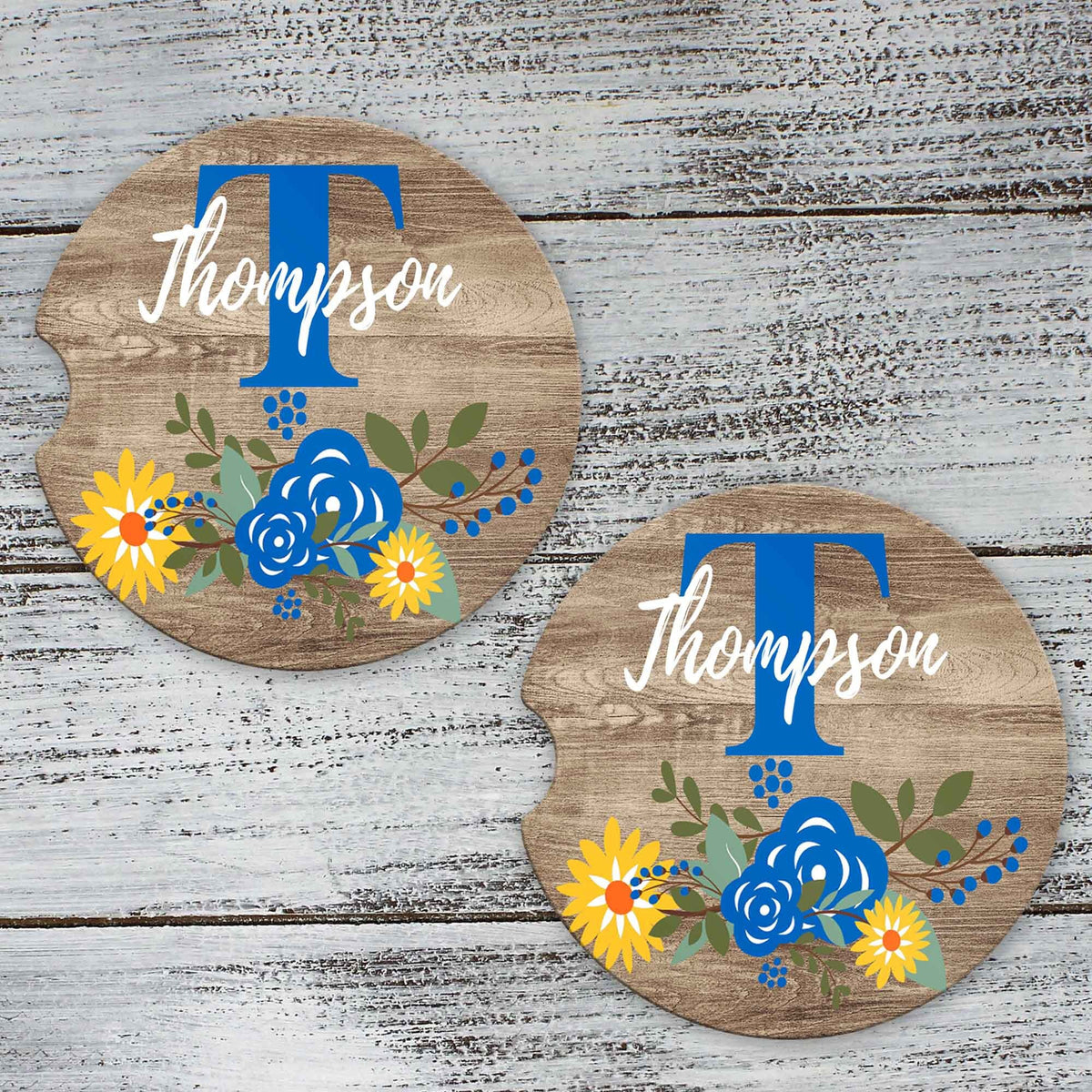Personalized Car Coasters | Custom Car Accessories | Faux Wood Sunflower | Set of 2