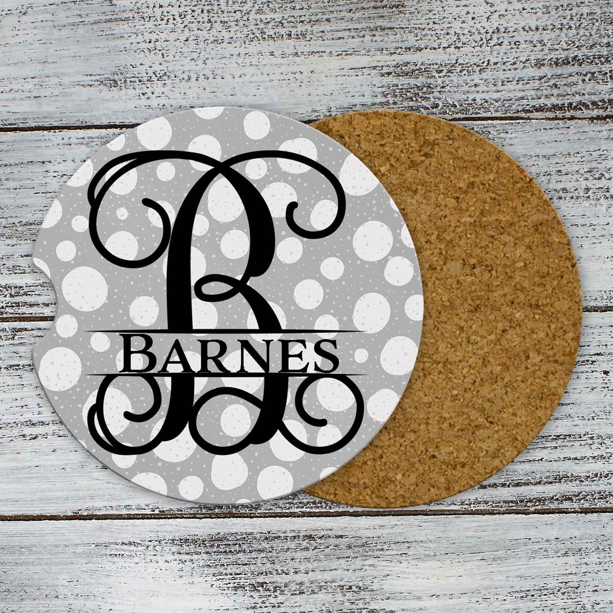 Personalized Car Coasters | Custom Car Accessories | Gray and White Polka Dots | Set of 2