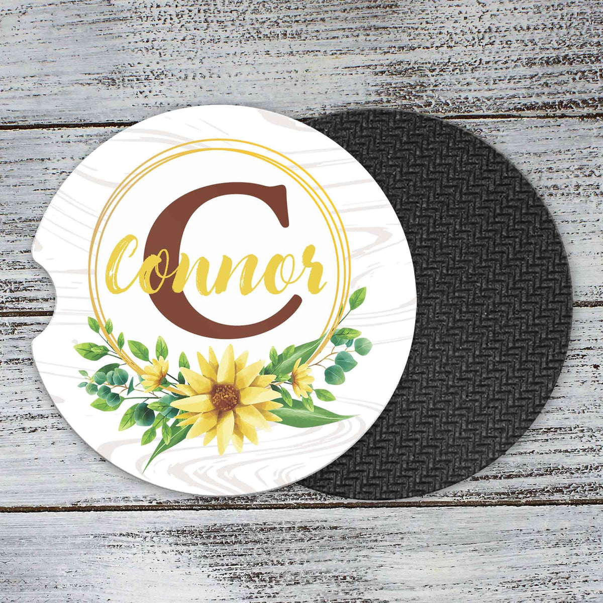 Personalized Car Coasters | Custom Car Accessories | Sunflower Monogram | Set of 2
