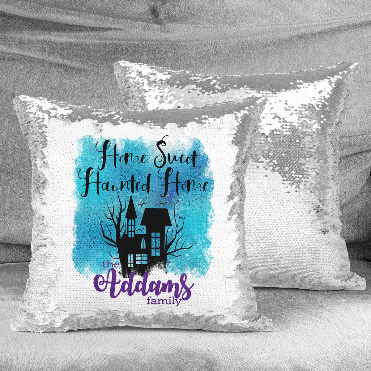 Personalized Sequin Throw Pillow | Custom Sequin Pillow | Home Sweet Haunted Home