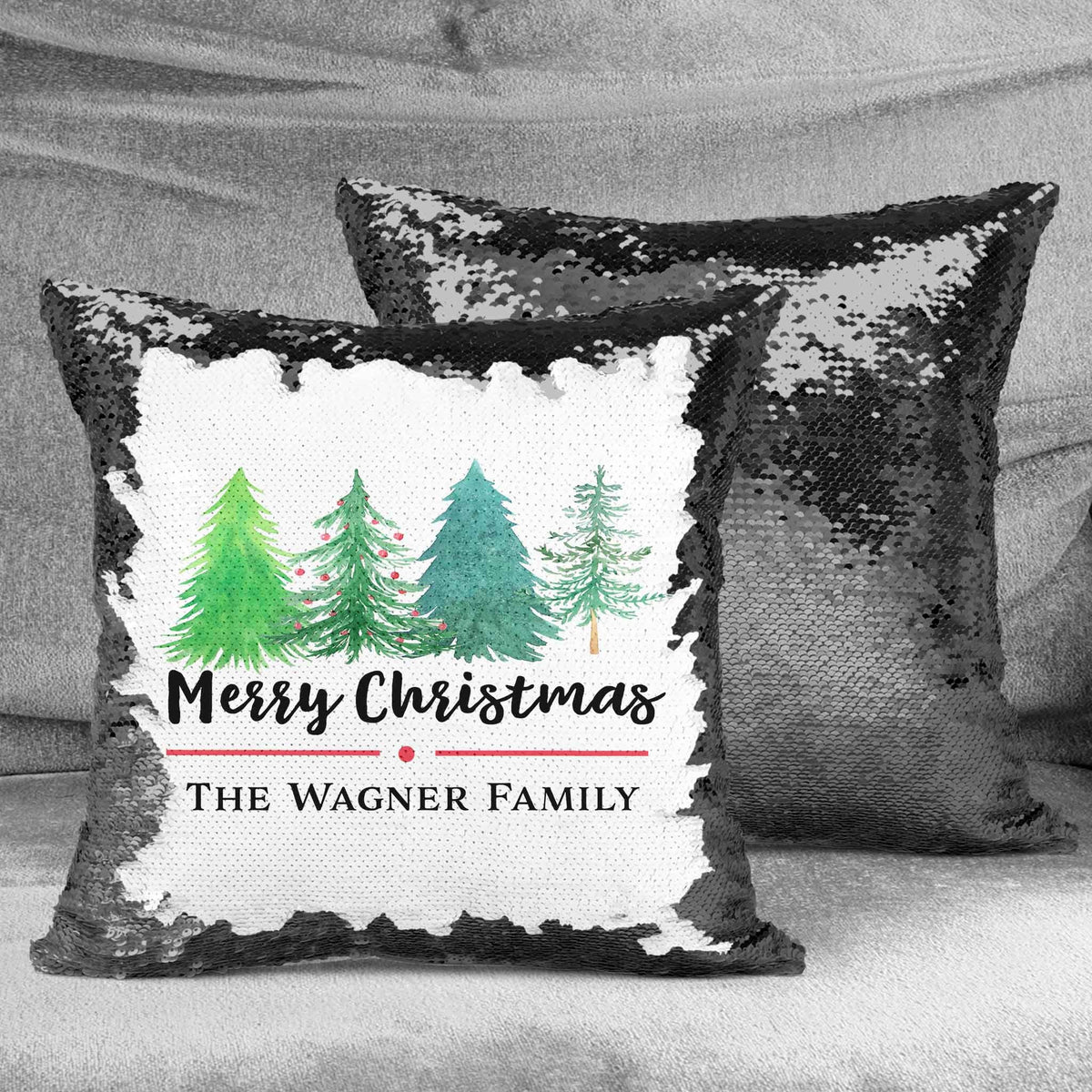 Personalized Sequin Throw Pillow | Custom Sequin Pillow | Merry Christmas Watercolor Trees