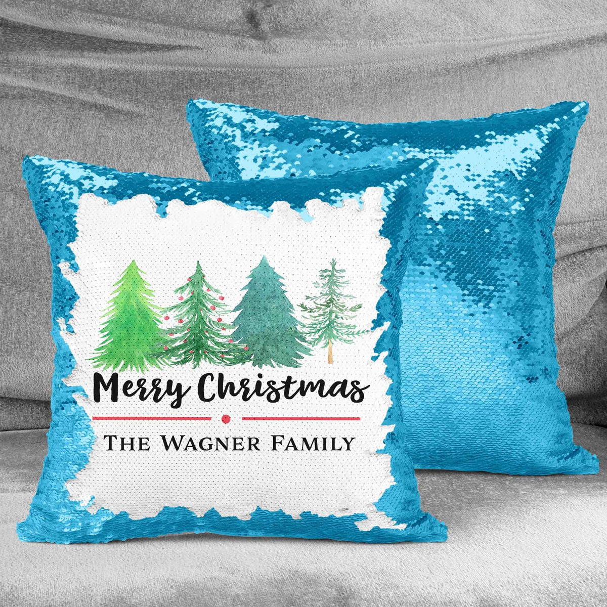 Personalized Sequin Throw Pillow | Custom Sequin Pillow | Merry Christmas Watercolor Trees