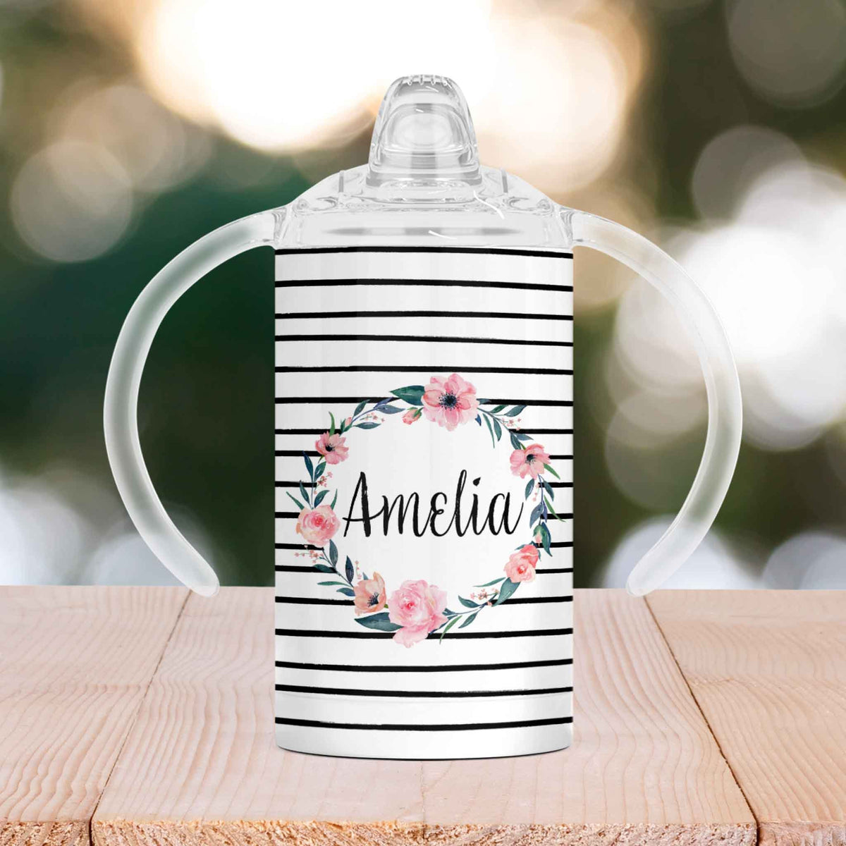 Custom Sippy Cup | Personalized Toddler Cup | Baby Gifts | Black and White Stripe Floral