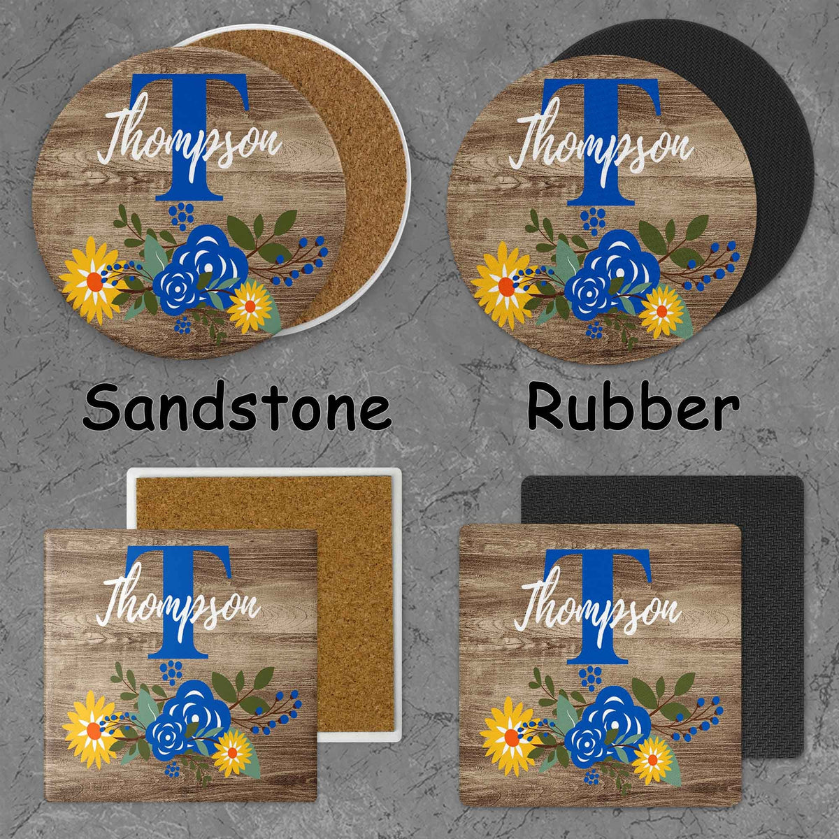 Personalized Coasters | Custom Stone Coaster Set | Faux Wood Sunflower | Set of 4