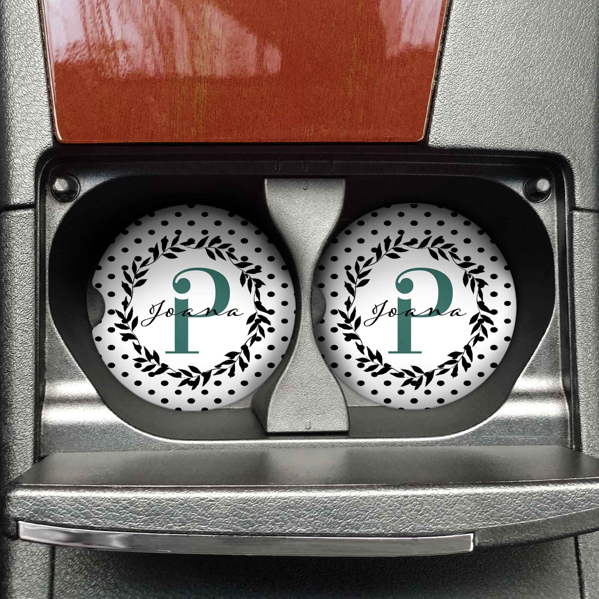 Personalized Car Coasters | Custom Car Accessories | Polka Dot Wreath | Set of 2