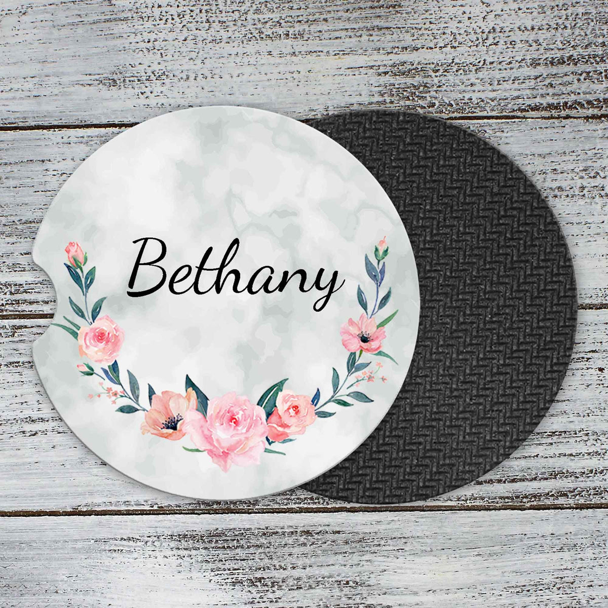 Personalized Car Coasters | Custom Car Accessories | Blush Pink Bloom | Set of 2