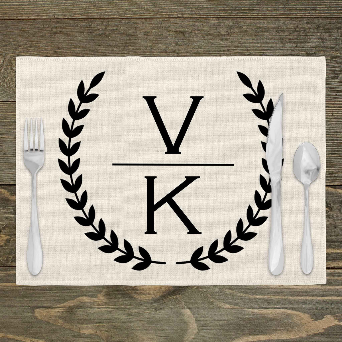Custom Placemats | Personalized Dining and Serving | Laurel Wreath Stacked Initials