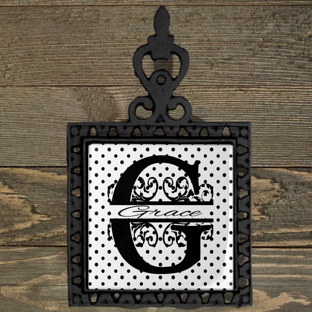 Personalized Iron Trivet | Custom Kitchen Gifts | Black and White Polka Dot
