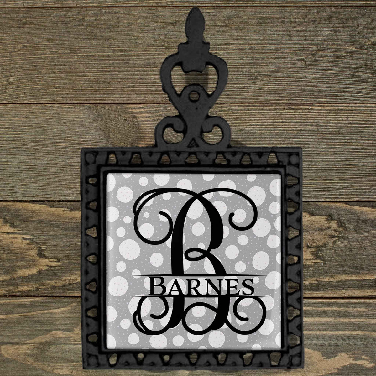 Personalized Iron Trivet | Custom Kitchen Gifts | Gray and White Polka Dots