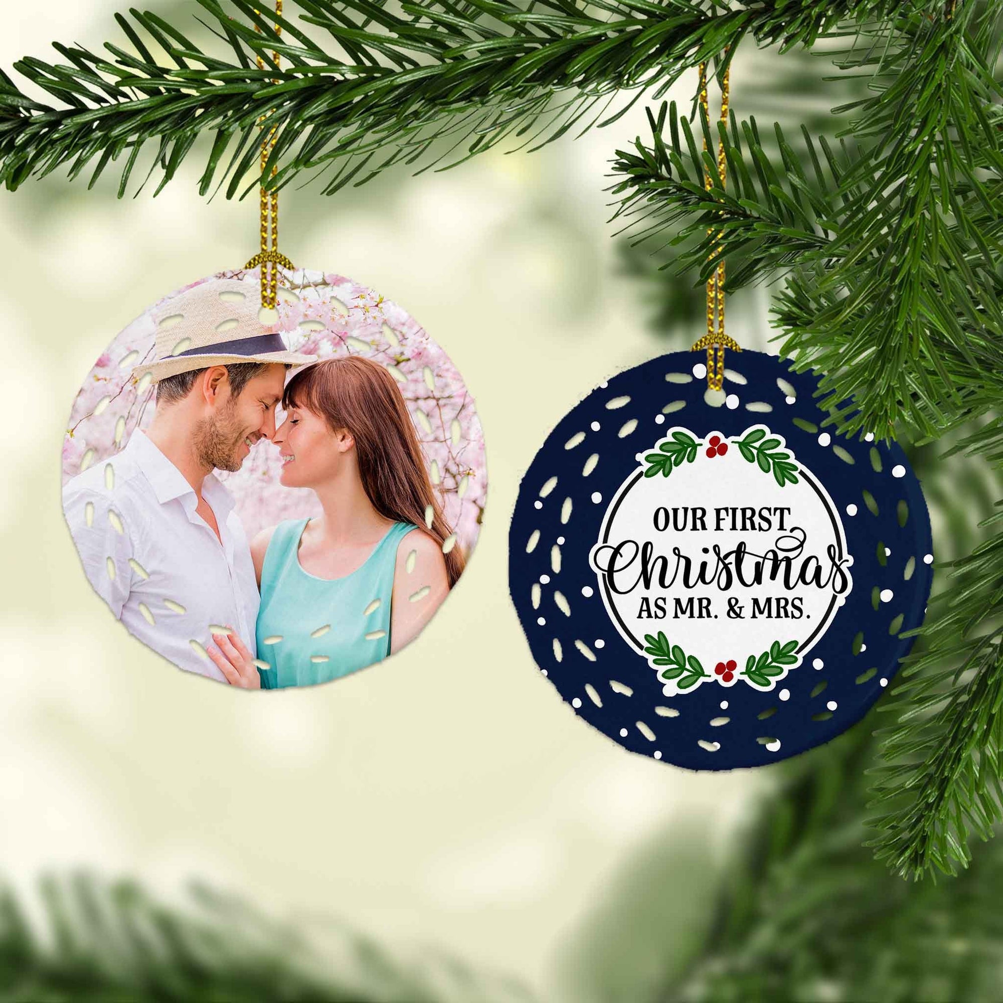 Photo Holiday Ornaments | Personalized Christmas Ornaments | First Christmas as Mr and Mrs Wreath