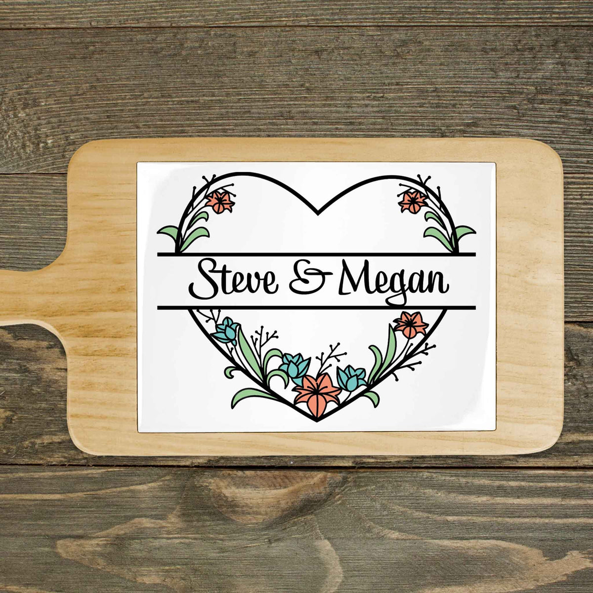 Personalized Wood Cheeseboard | Custom Wine Accessories | Floral Heart Pastel Monogram