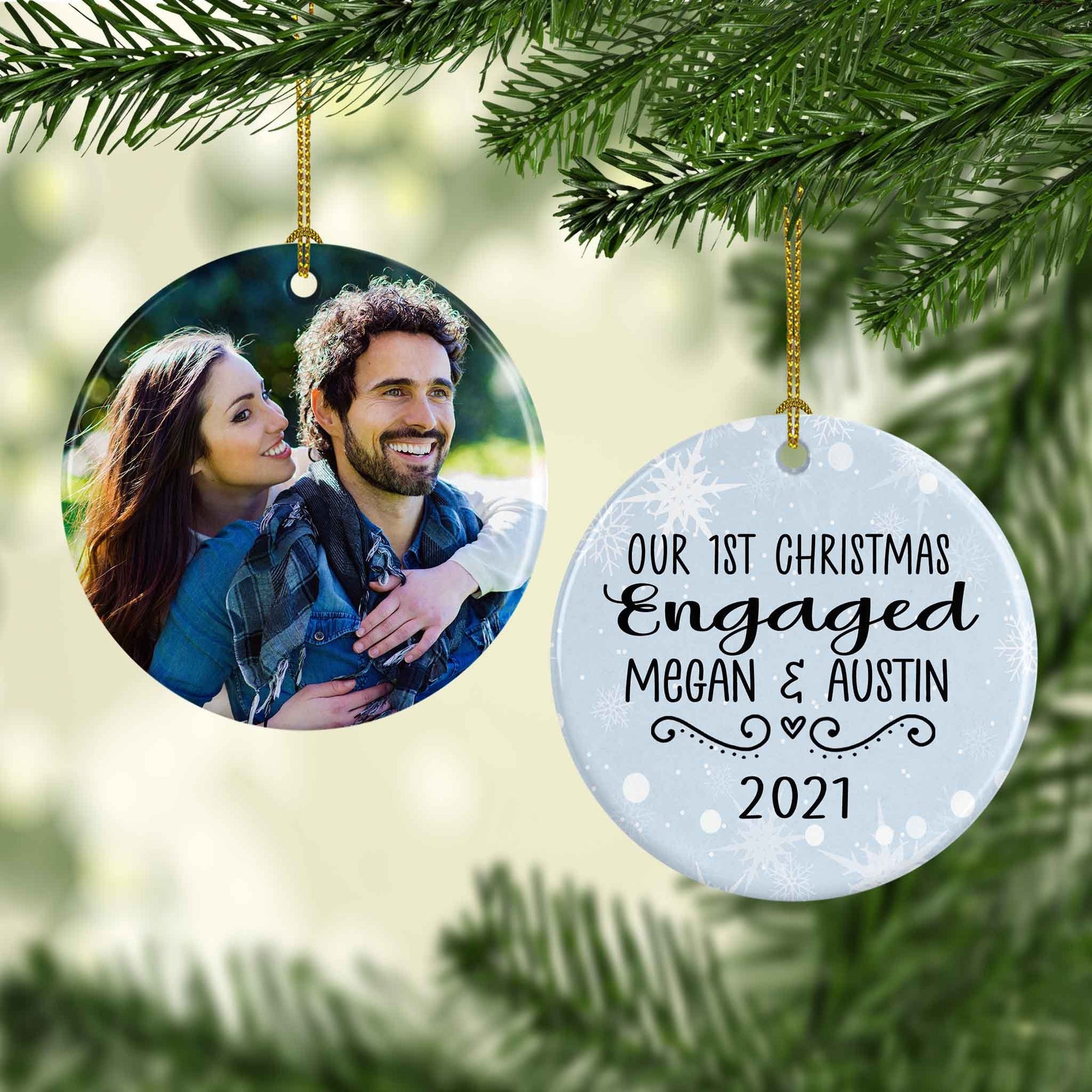 Photo Holiday Ornaments | Personalized Christmas Ornaments | First Christmas Engaged Snow Round