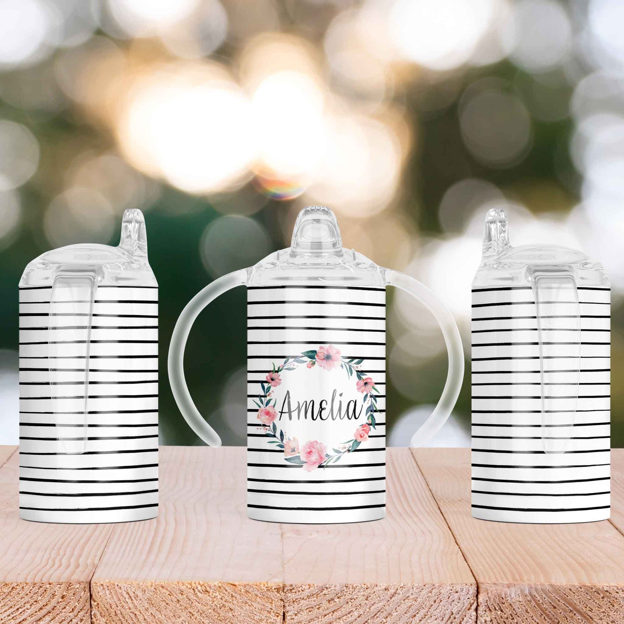 Custom Sippy Cup | Personalized Toddler Cup | Baby Gifts | Black and White Stripe Floral