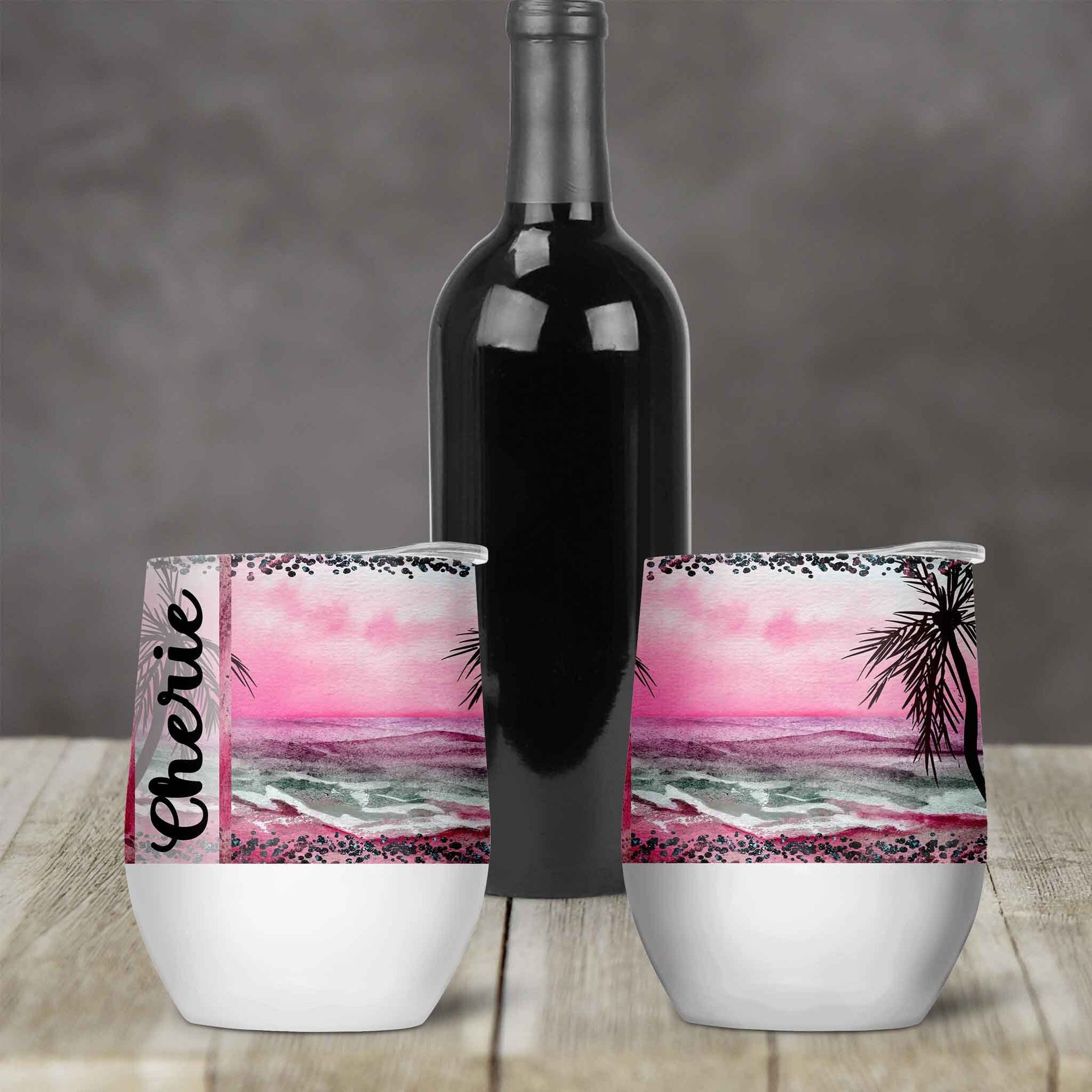 Personalized Stemless Wine Tumbler | Custom Wine Gifts | Wine Glass | Pink Beach