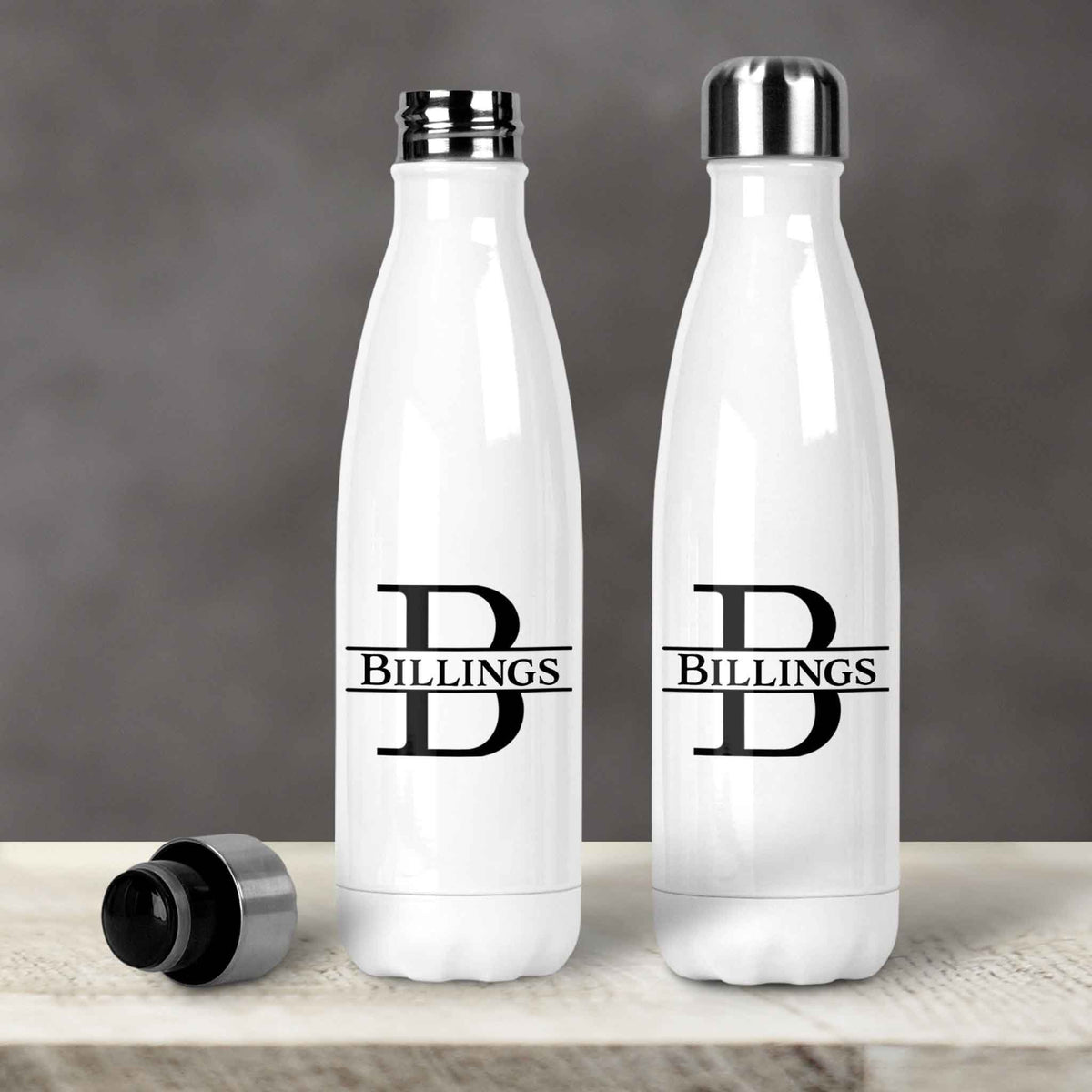 Personalized Water Bottles | Custom Stainless Steel Water Bottles | 17 oz Soda | Split Letter Monogram