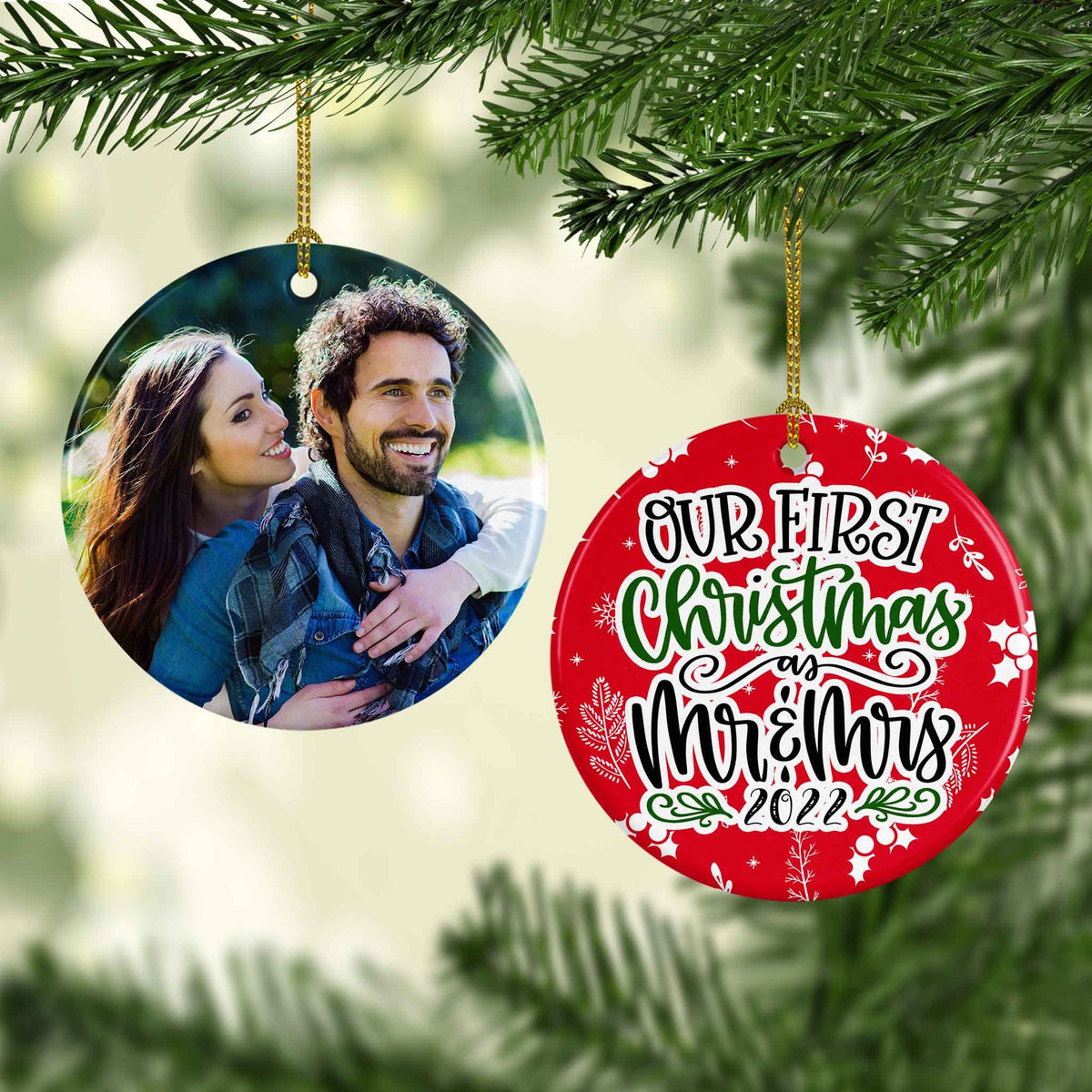 Photo Holiday Ornaments | Personalized Christmas Ornaments | Our First Christmas as Mr and Mrs Wreath