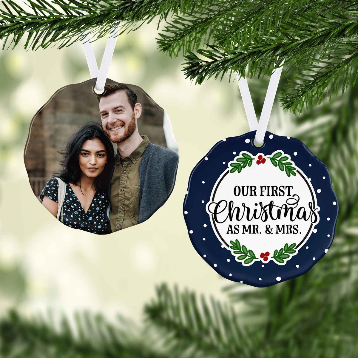 Photo Holiday Ornaments | Personalized Christmas Ornaments | First Christmas as Mr and Mrs Wreath