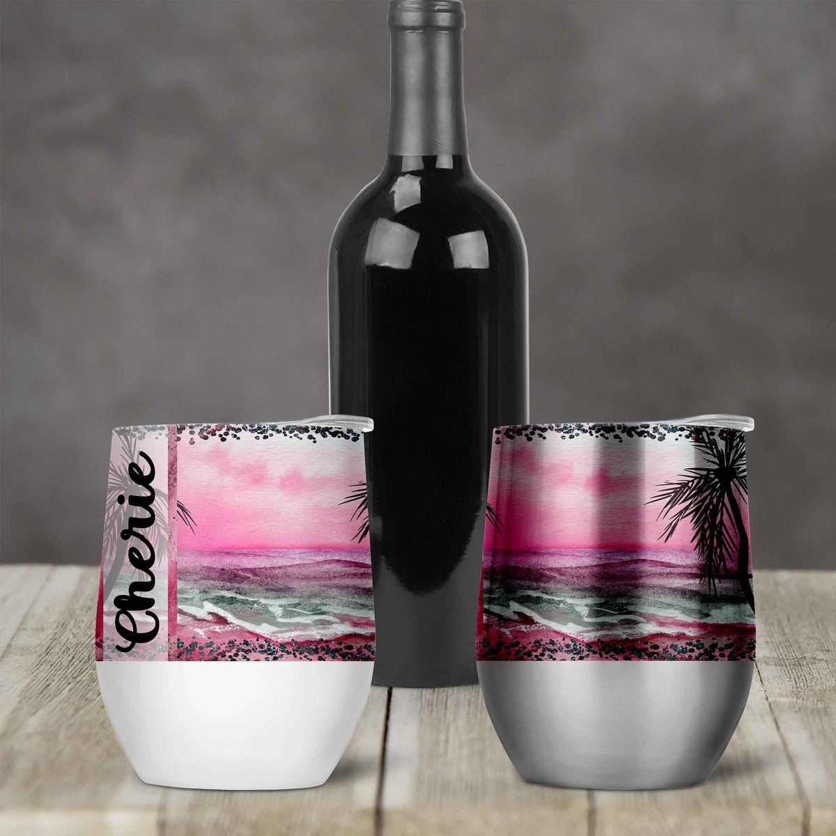 Personalized Stemless Wine Tumbler | Custom Wine Gifts | Wine Glass | Pink Beach
