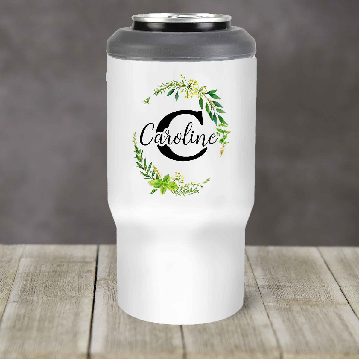 Custom Skinny Beverage Insulator | Personalized Tumbler | Green Leaf Monogram Frame