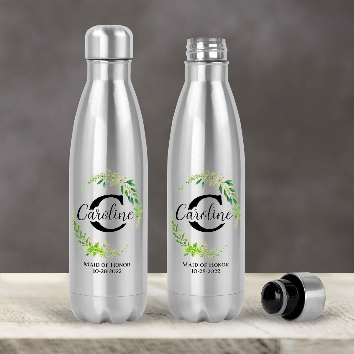 Personalized Water Bottles | Custom Stainless Steel Water Bottles | 30 oz | Green Leaf Monogram