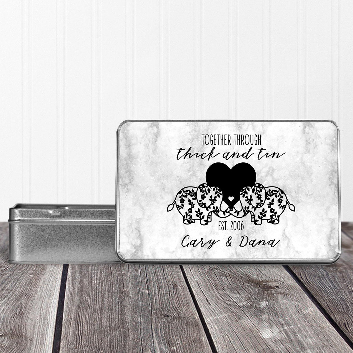 Personalized Aluminum Tin | Photo Storage Keepsake | Ten Year Anniversary Gift | Together Through Thick and Tin