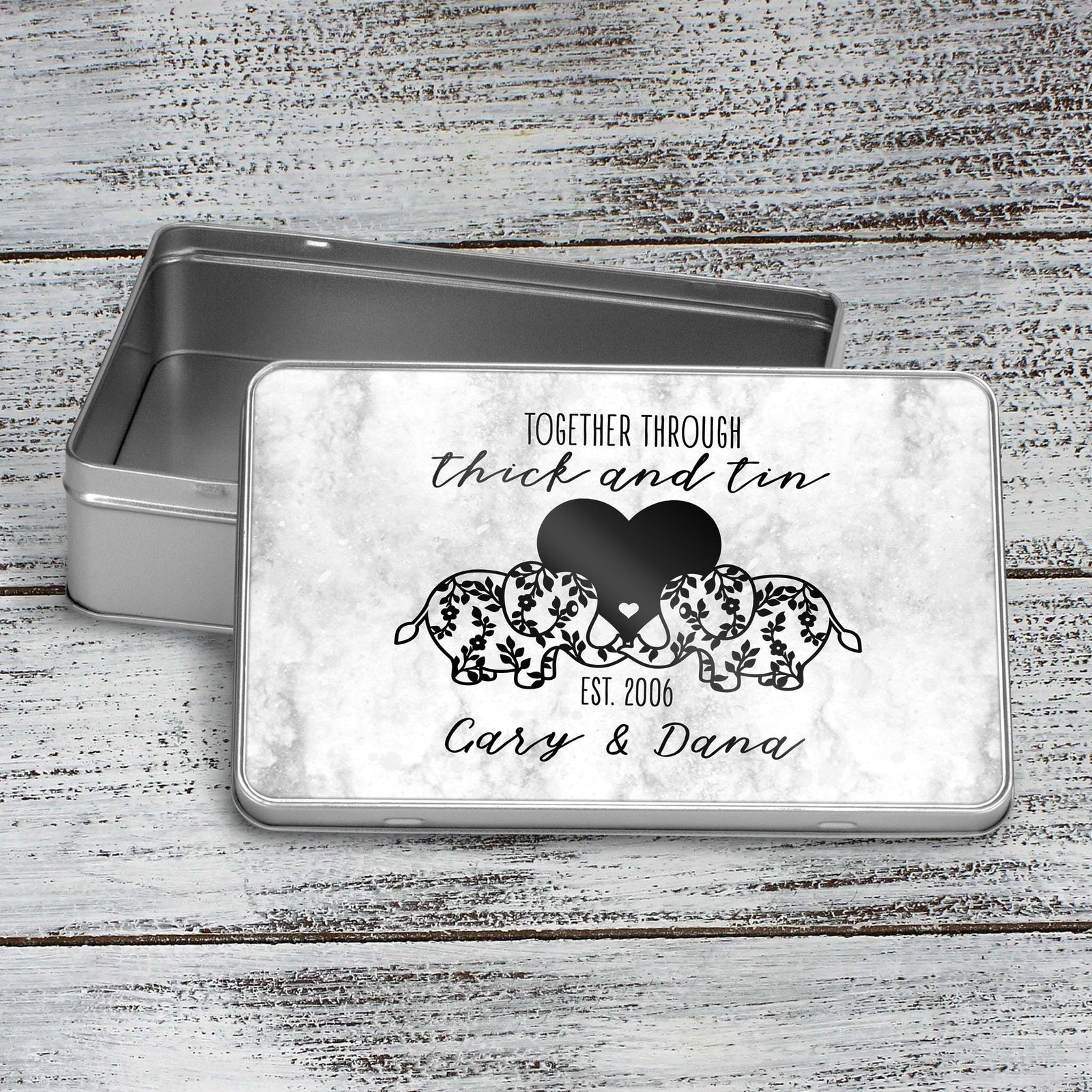 Personalized Aluminum Tin | Photo Storage Keepsake | Ten Year Anniversary Gift | Together Through Thick and Tin