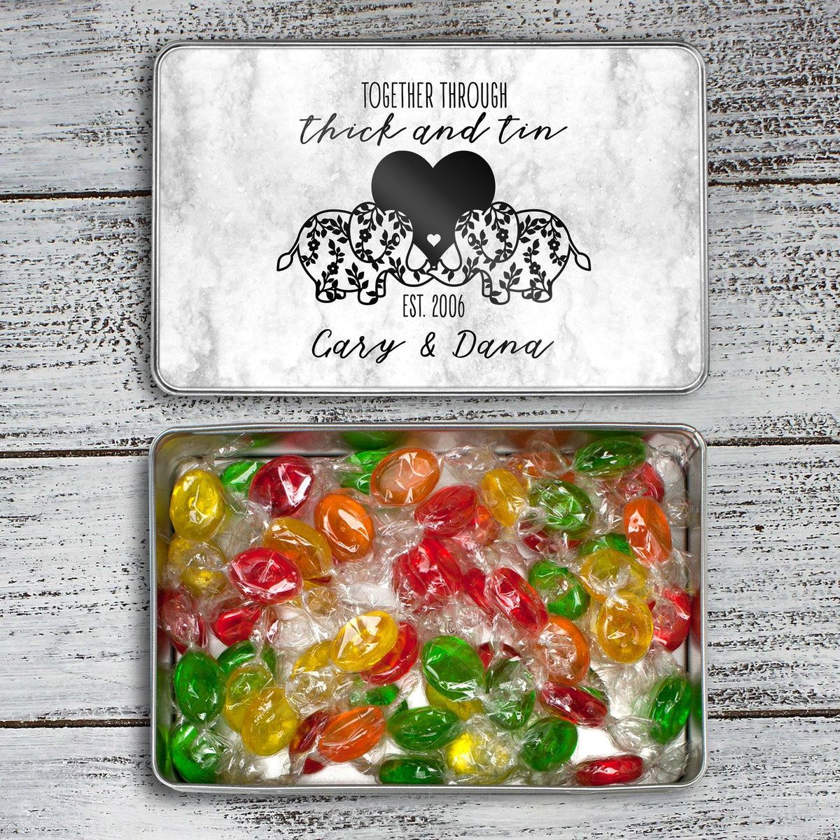 Personalized Aluminum Tin | Photo Storage Keepsake | Ten Year Anniversary Gift | Together Through Thick and Tin