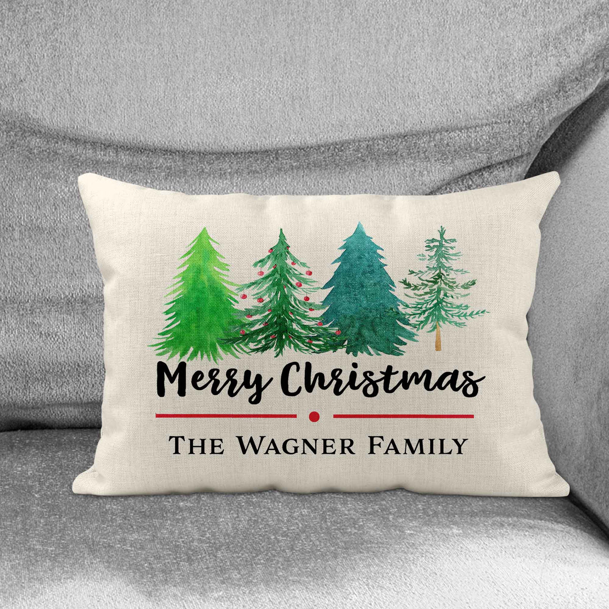 Personalized Lumbar Pillow | Custom Decorative Pillow | Merry Christmas Watercolor Tree