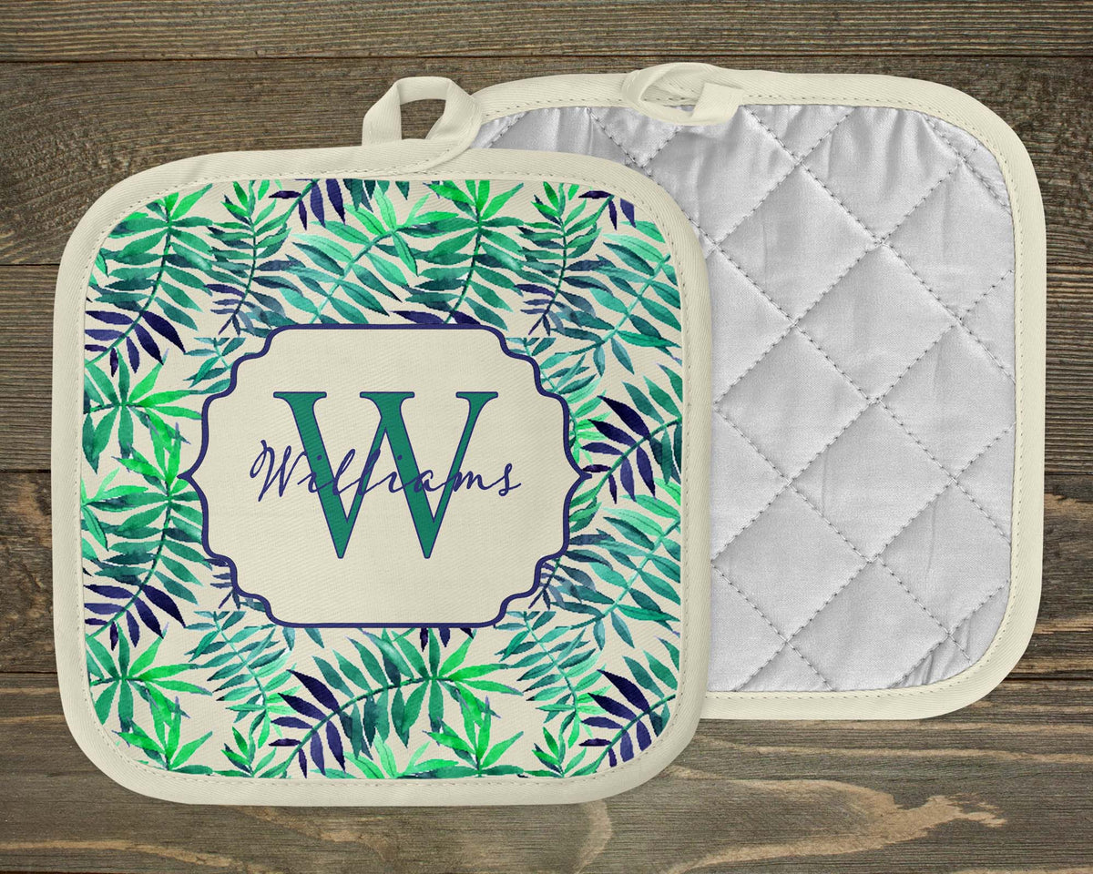 Personalized Pot Holders | Custom Kitchen Decor | Blue and Green Fern