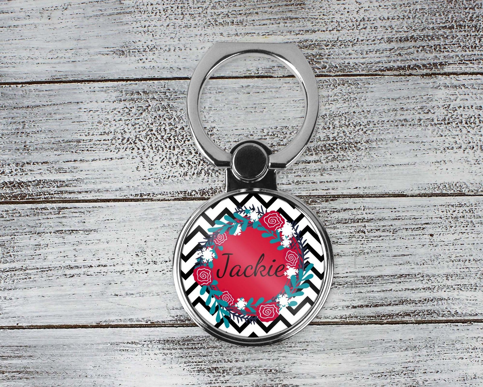 Personalized Phone Ring Stand | Monogram Cell Phone Grip | Black Chevron