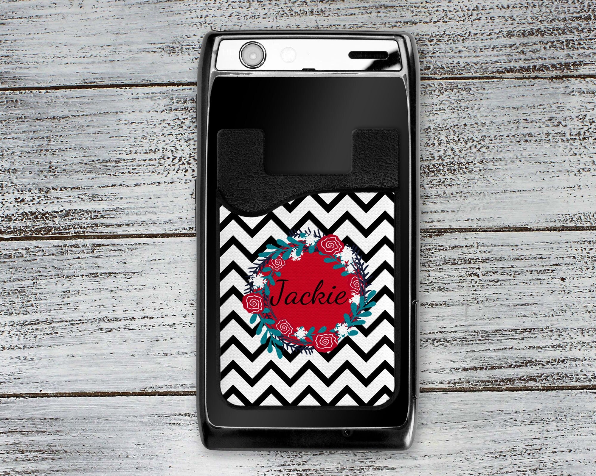 Personalized Cell Phone Caddy | Monogram Phone Wallet | Black Chevron