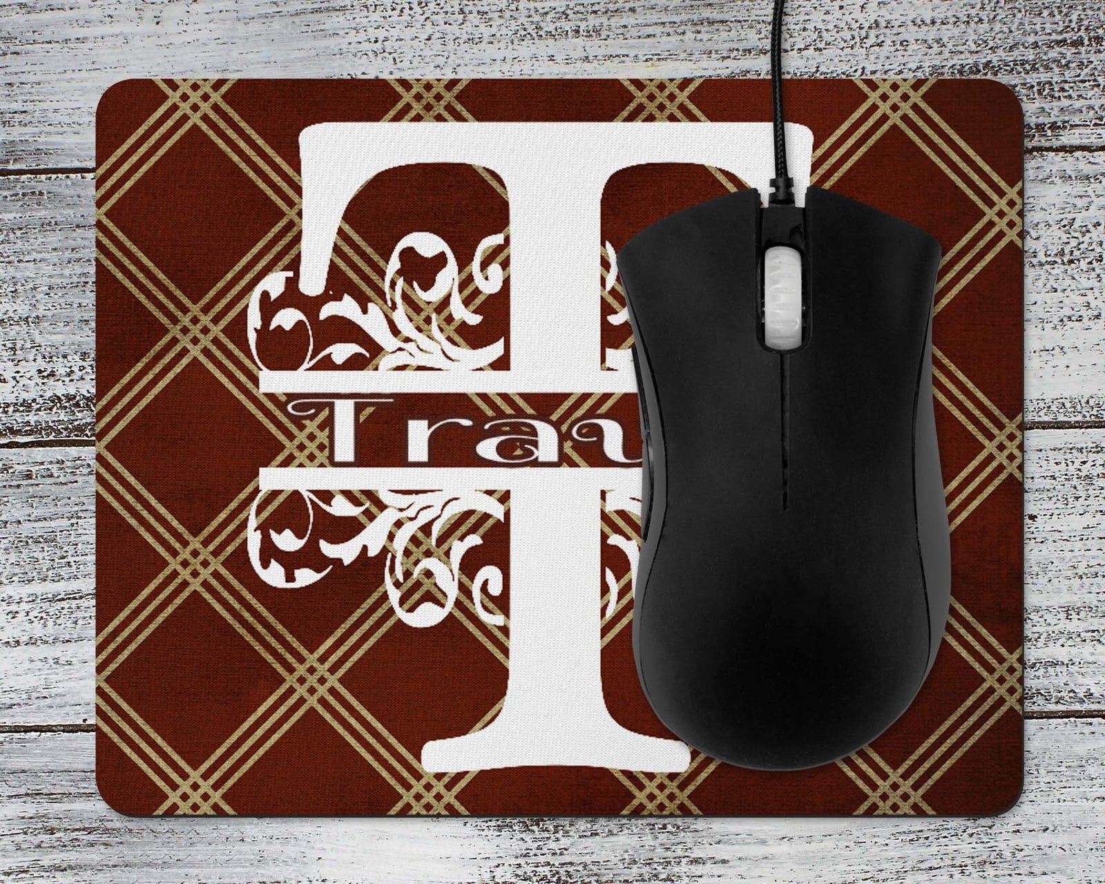 Monogrammed Mouse Pad | Personalized Mouse Pad | Brown Argyle