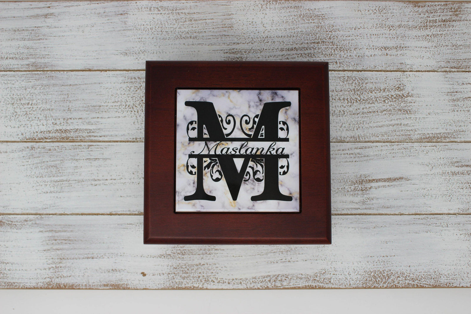 Personalized Mahogany Finished Box w/Hinge Lid | Marble Monogram - This & That Solutions - Personalized Mahogany Finished Box w/Hinge Lid | Marble Monogram - Personalized Gifts & Custom Home Decor