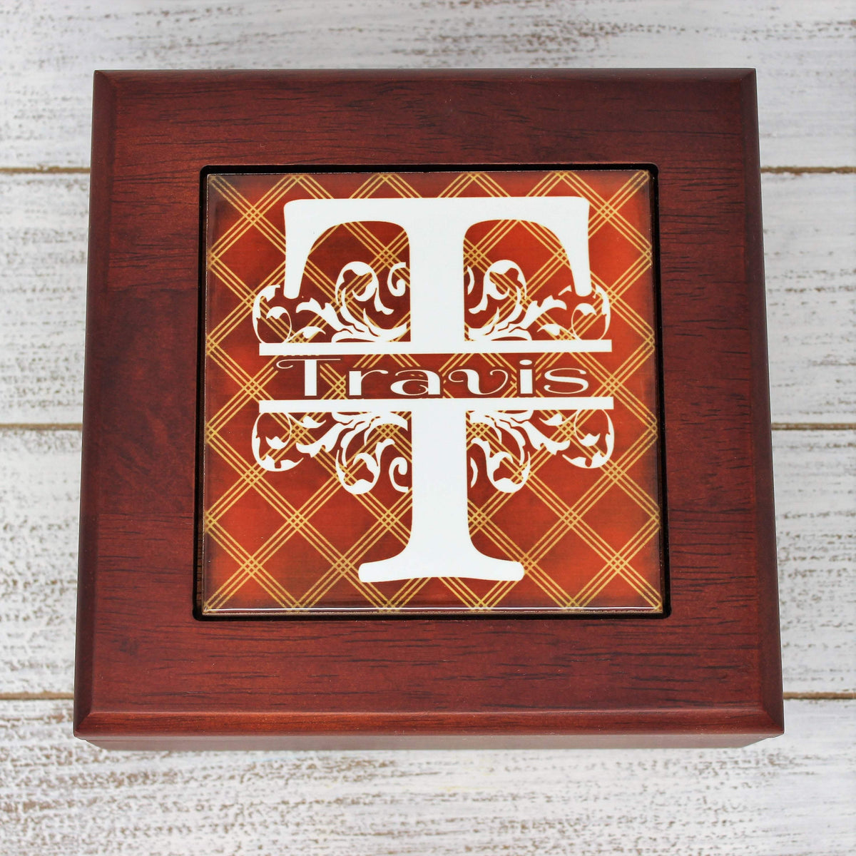 Personalized Mahogany Finished Box w/Hinge Lid | Brown Argyle - This &amp; That Solutions - Personalized Mahogany Finished Box w/Hinge Lid | Brown Argyle - Personalized Gifts &amp; Custom Home Decor