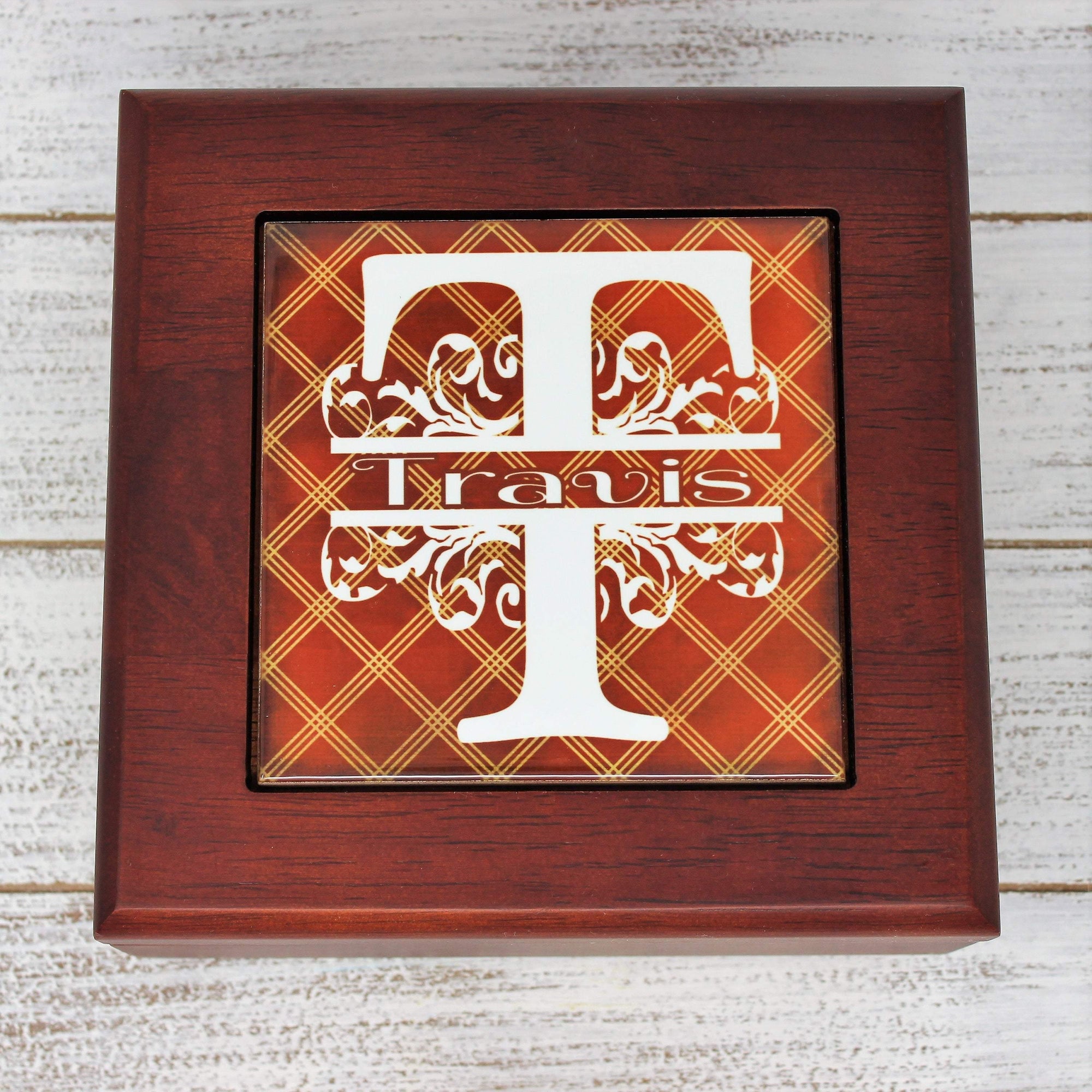 Personalized Mahogany Finished Box w/Hinge Lid | Brown Argyle - This & That Solutions - Personalized Mahogany Finished Box w/Hinge Lid | Brown Argyle - Personalized Gifts & Custom Home Decor