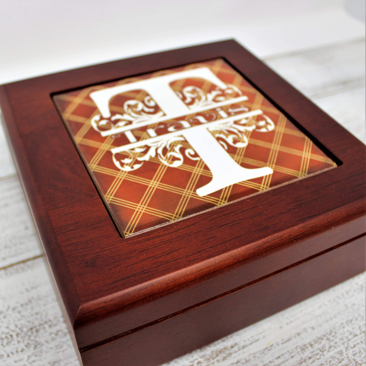 Personalized Mahogany Finished Box w/Hinge Lid | Brown Argyle - This &amp; That Solutions - Personalized Mahogany Finished Box w/Hinge Lid | Brown Argyle - Personalized Gifts &amp; Custom Home Decor