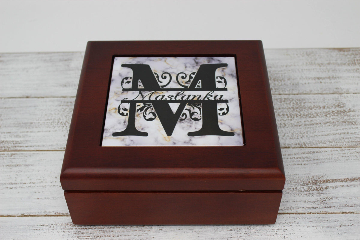 Personalized Mahogany Finished Box w/Hinge Lid | Marble Monogram - This &amp; That Solutions - Personalized Mahogany Finished Box w/Hinge Lid | Marble Monogram - Personalized Gifts &amp; Custom Home Decor