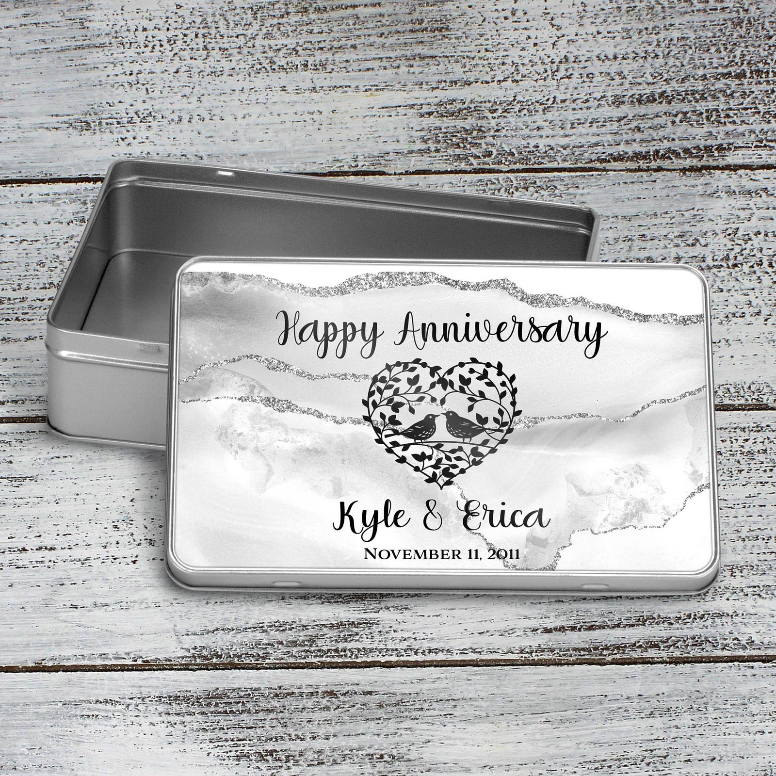 Custom Aluminum Tin | Photo Storage Box | Puzzle Tin | Happy Anniversary Silver