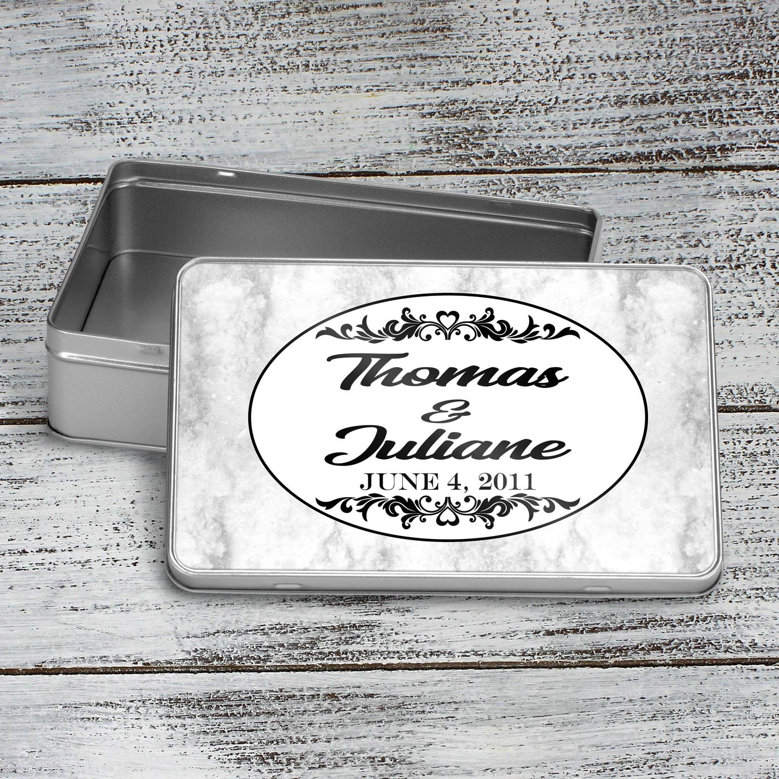 Custom Aluminum Tin | Photo Storage Box | Puzzle Tin | Heart Flourish