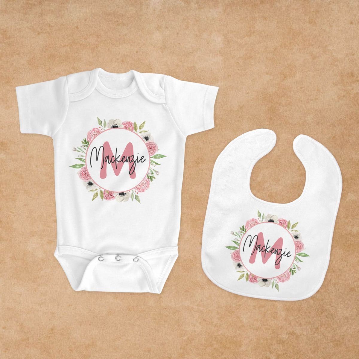 Personalized Baby Onesie | Custom Baby Gifts | Baby Shower | Pink &amp; White Rose Monogram