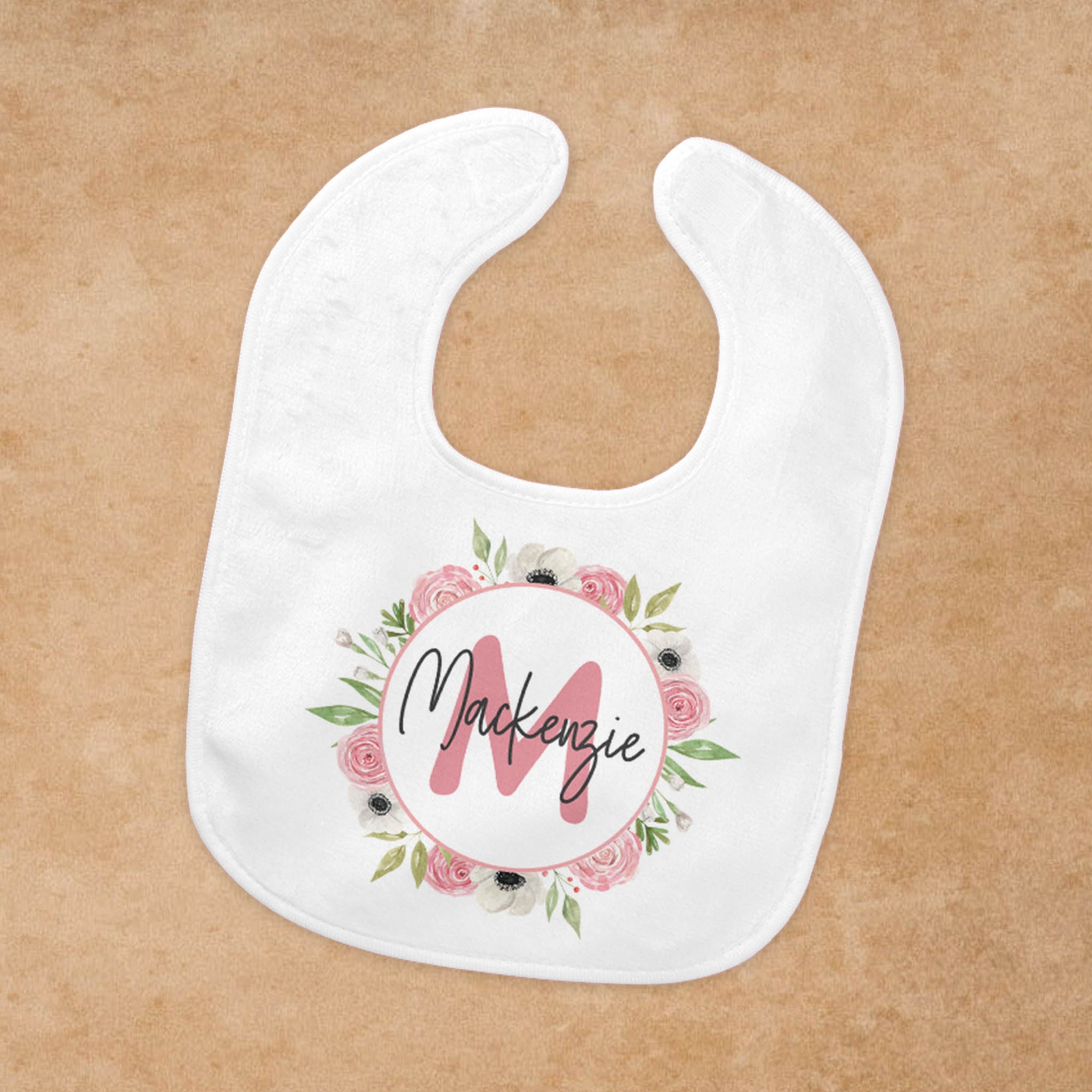 Personalized Baby Bib | Custom Baby Gifts | Baby Shower | Pink & White Rose Monogram