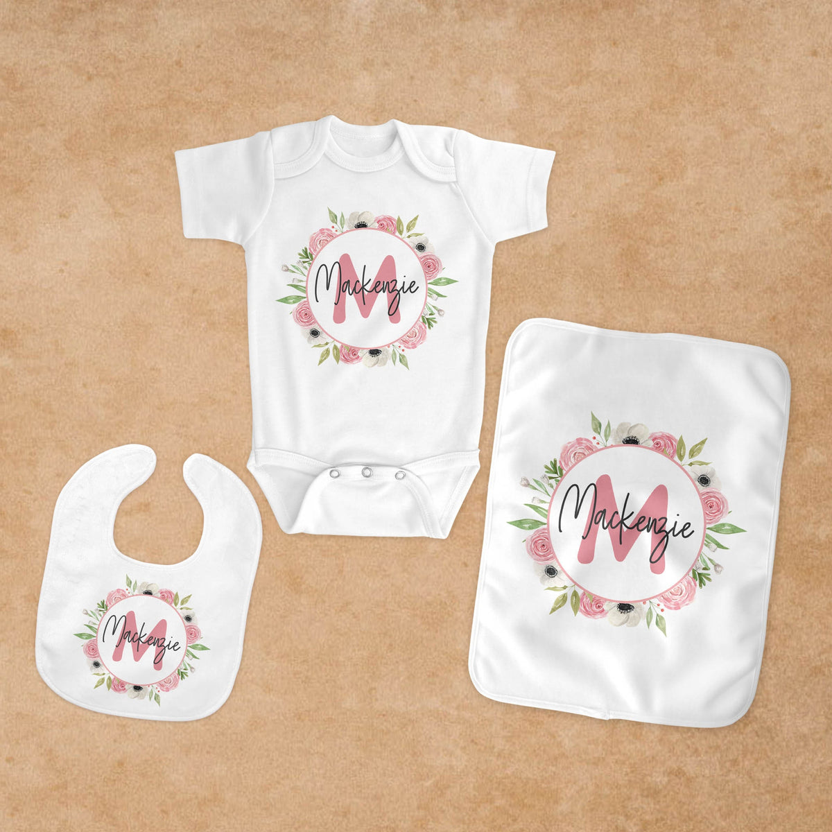 Personalized Baby Onesie | Custom Baby Gifts | Baby Shower | Pink &amp; White Rose Monogram