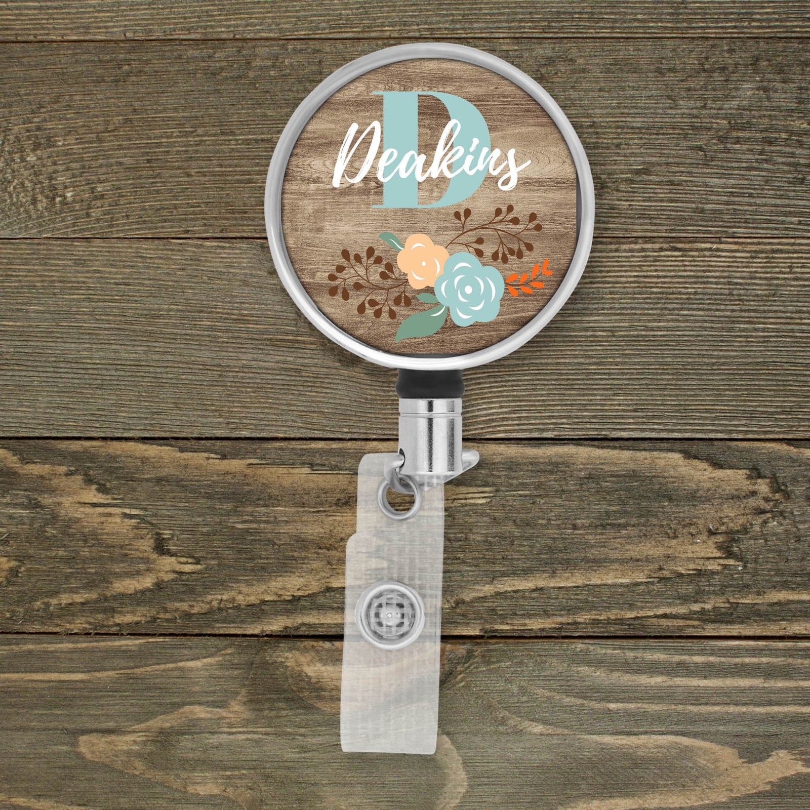 Customized Badge Reel | Personalized Office Accessories | Photo Badge Reel | Faux Wood Floral